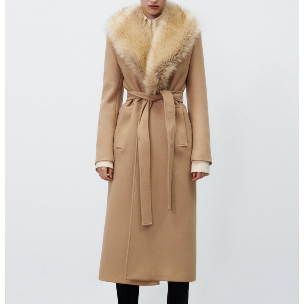 Zara Tan Wool Blend Trench Coat with Faux Fur Collar Women L